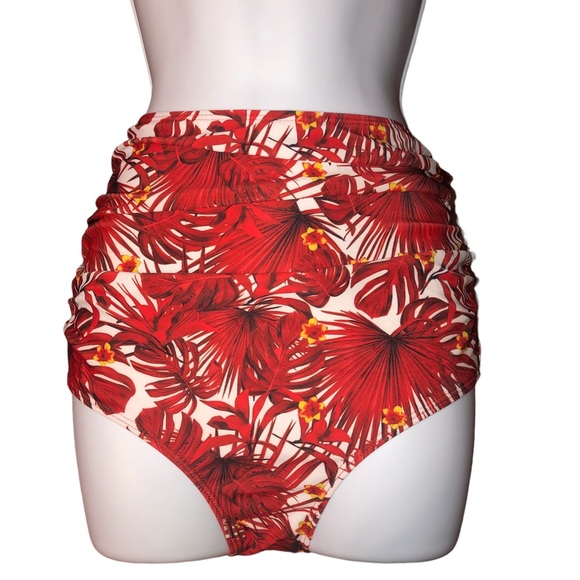 Edel Qual Red Floral Leaves Ruched High Waist Tankini Bikini Bottoms Only SIZE S - Picture 3 of 4
